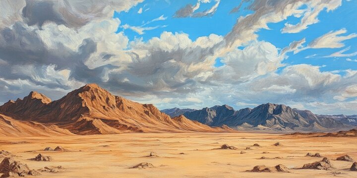 Oil painting depicting a stunning volcanic and desert landscape featuring large rocky mountains and light brown earth under a cloudy sky
