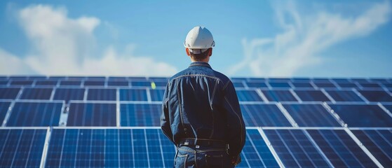 Worker in a hard hat inspecting solar panels