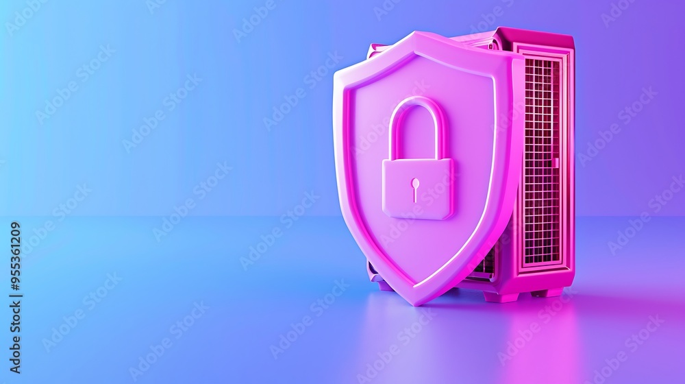 Poster 3d illustration of a server with a pink lock shield on a blue and purple background representing cyb