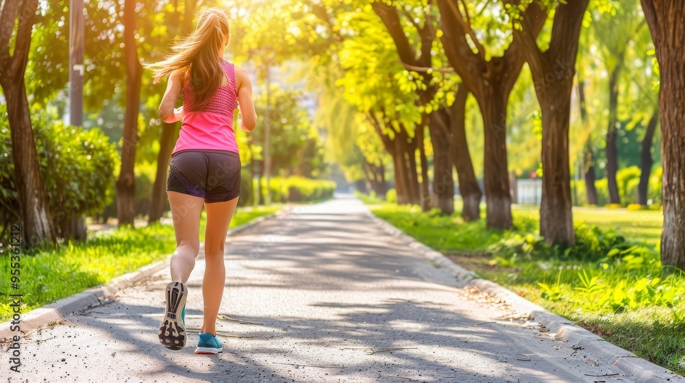 Wall mural a fit woman jogging energetically through a scenic park with sunlight filtering through trees