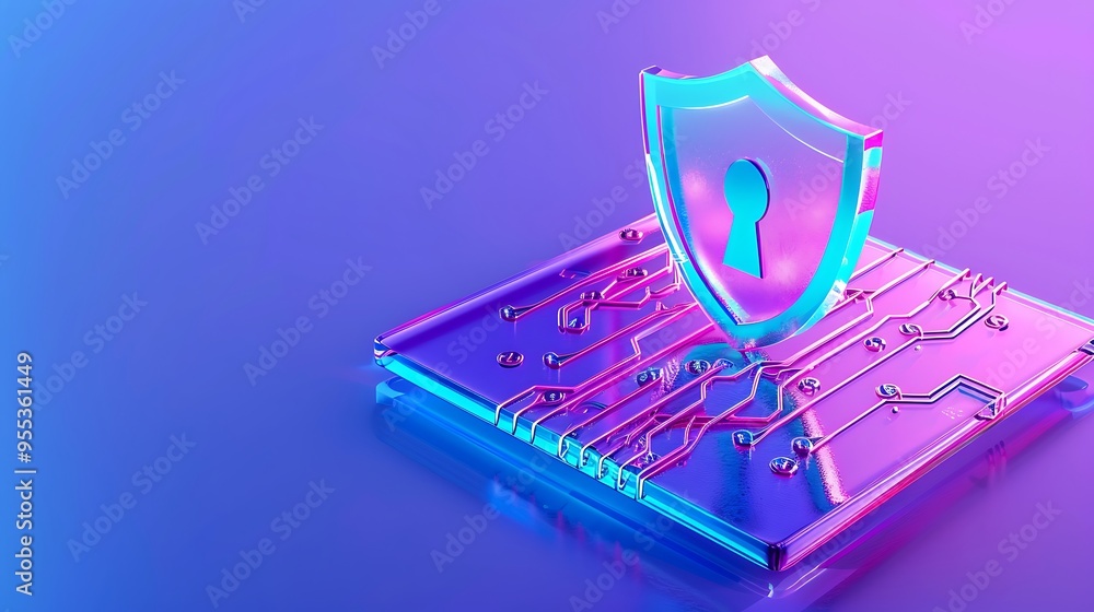 Poster 3d illustration of a shield icon on a digital circuit board, representing cyber security and data pr