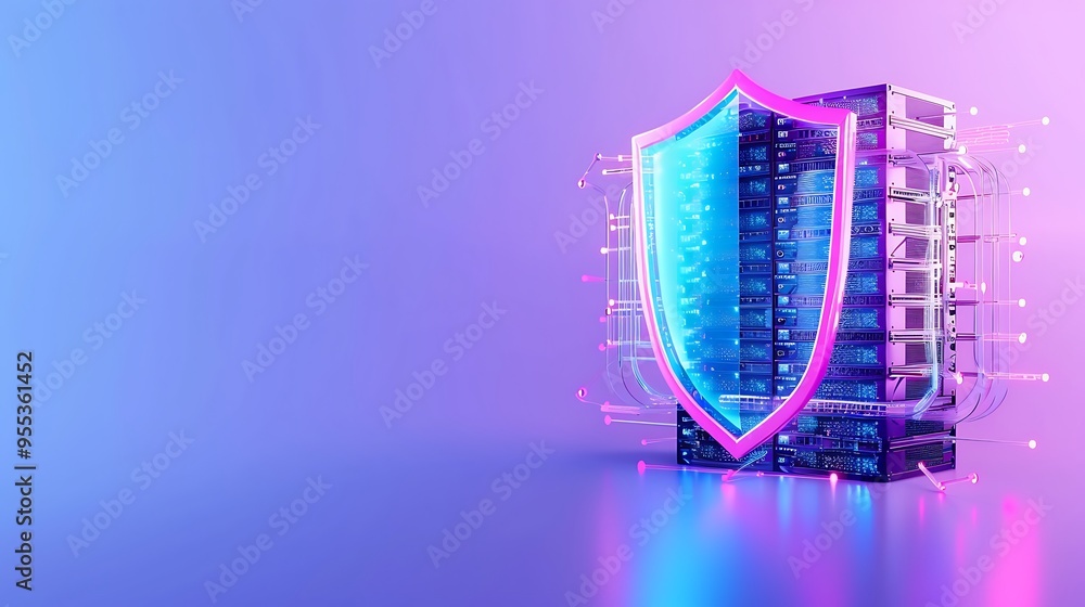 Poster 3d illustration of a shield protecting data servers, symbolizing cybersecurity, data protection, and