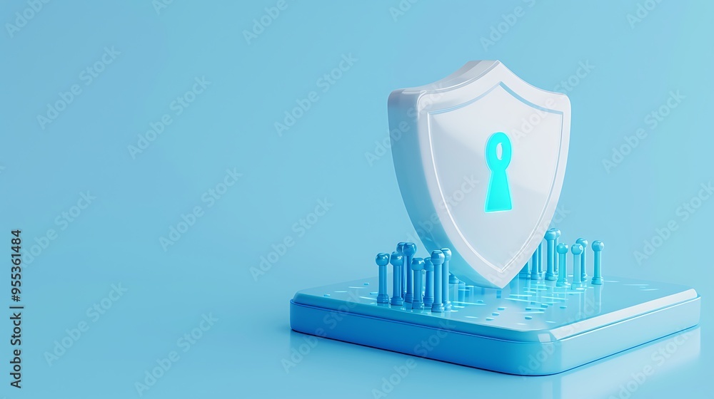 Poster 3d illustration of a shield with a keyhole symbol, representing data security and network protection