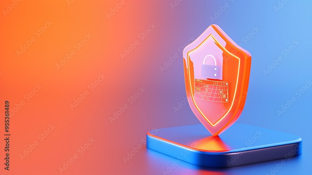 Poster 3d illustration of a shield with a padlock and digital elements, representing cybersecurity and data