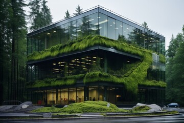 Modern building harmoniously integrated into the natural landscape. Walls and roof are covered lush moss, unity with the surrounding forest. 