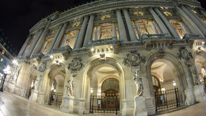 Opera National de Paris in the nighttime. Grand Opera Paris, France timelapse hyperlapse