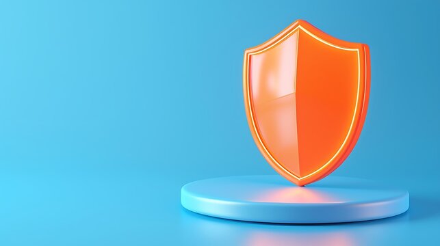 3D illustration of an orange shield on a blue pedestal, symbolizing protection, security, and safety on a vibrant blue background.