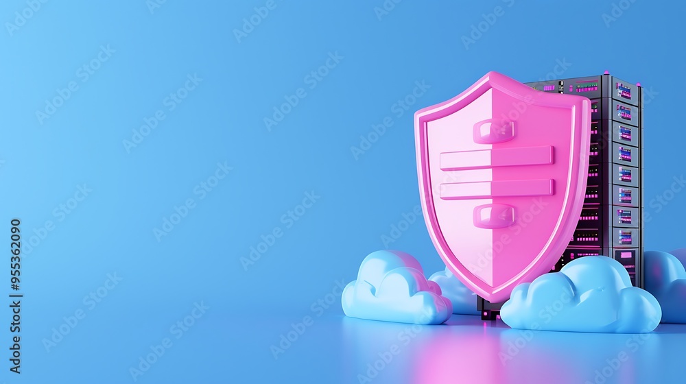 Poster 3d illustration of data protection represented by a pink shield and server in the cloud, signifying 
