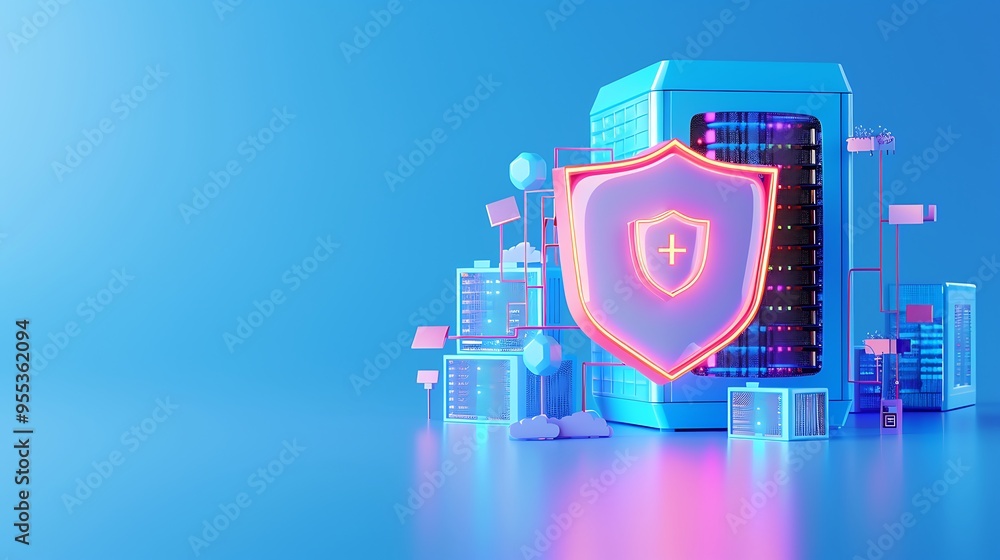 Poster 3d illustration of data server with a glowing shield icon, representing cybersecurity and data prote