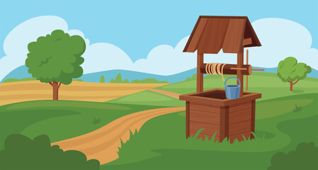 Water well landscape. Village or countryside with drinking spring wooden design. Green fields and hills, cartoon valley nowaday vector scene