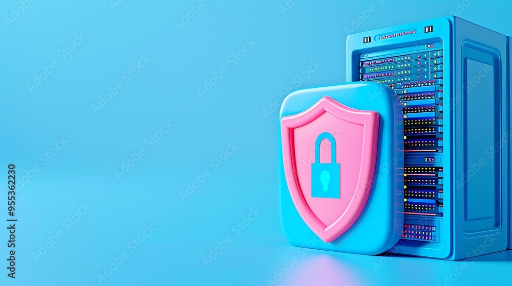 Poster 3d illustration of server security with server rack and shield lock icon symbolizing data protection