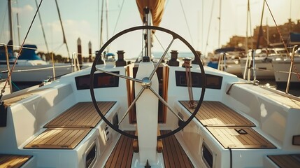 Sailor at the helm  a modern sailing yacht s cockpit with hands on the steering wheel