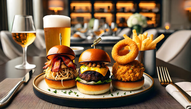 Three sliders with cheese and bacon, pulled pork and a crab cake served on buns, with a side of fries and onion rings and a beer.