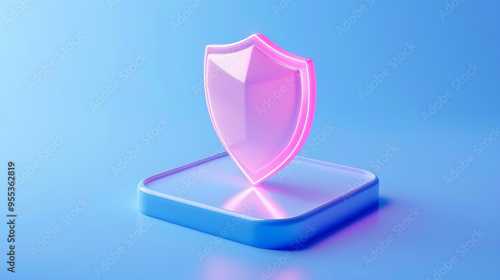 Poster 3d render of a glowing pink shield on a reflective platform, symbolizing security and protection on 
