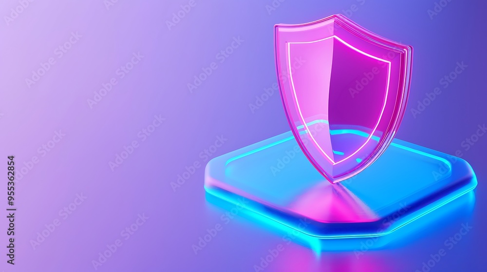 Poster 3D render of a glowing shield icon on a hexagonal platform, representing cybersecurity and protection in a futuristic design.