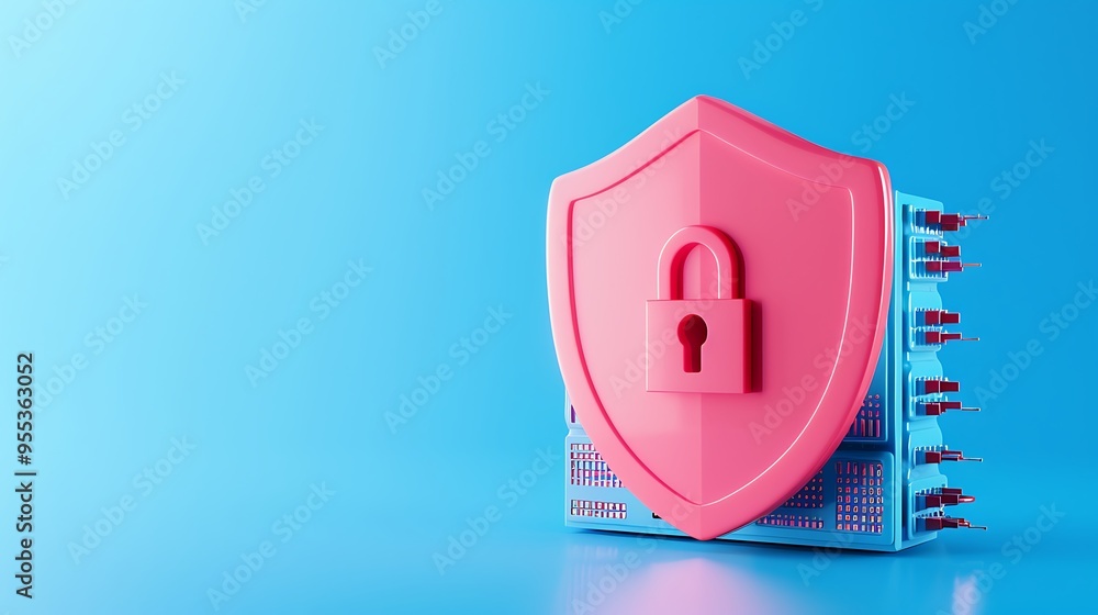 Aufkleber 3d render of a pink shield with padlock icon protecting a server on blue background, symbolizing dat