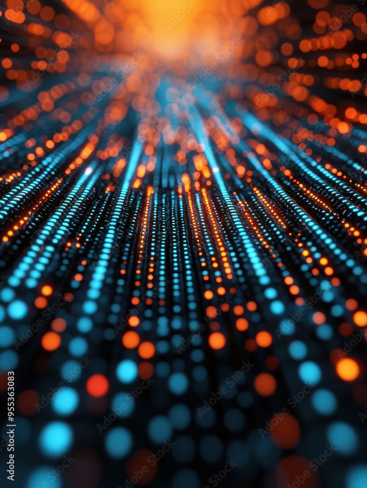 Poster vibrant digital background with glowing dots of blue and orange creating a mesmerizing depth effect 