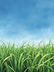 Obraz premium Oil painting showcasing lush green grass with a backdrop of a clear blue sky capturing the essence of a vibrant natural landscape