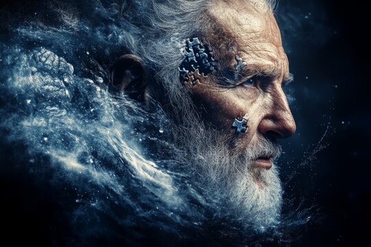 Sensory processing Neuroplasticity Elderly man with a glowing brain surrounded by stormy seas representing the turbulent emotions and thoughts of aging