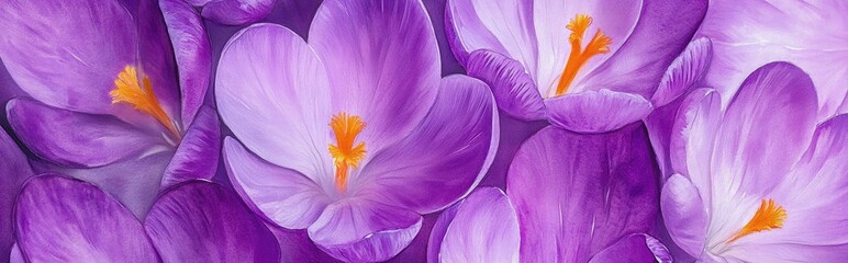Watercolor illustration of vibrant purple crocuses created with acrylic Macro photography