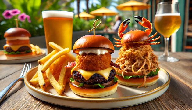 Three sliders with cheese and bacon, pulled pork and a crab cake served on buns, with a side of fries and onion rings and a beer. - Powered by Adobe