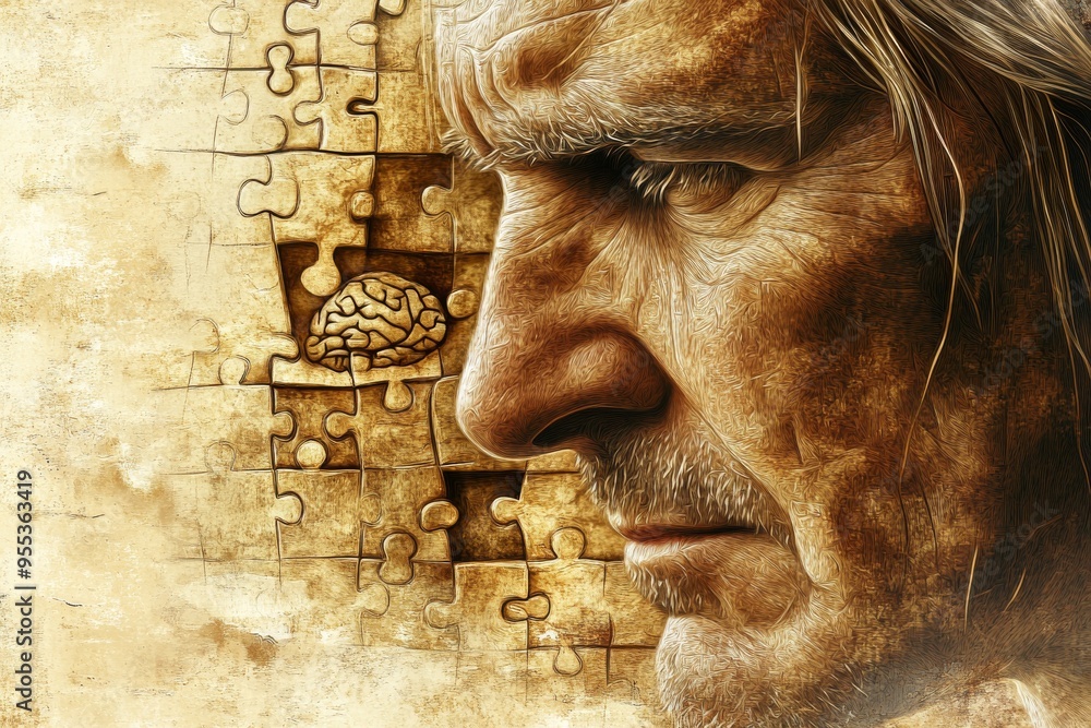 Poster cognitive enhancement neuroplasticity elderly mans face with puzzle pieces integrated symbolizing th