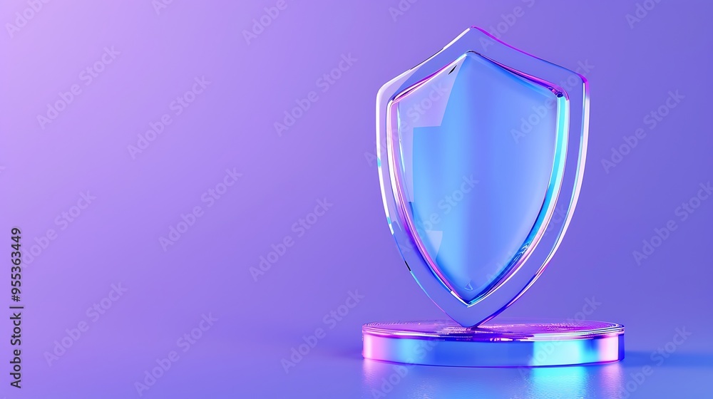 Poster 3d render of a transparent shield on a pedestal with a purple background, symbolizing protection and