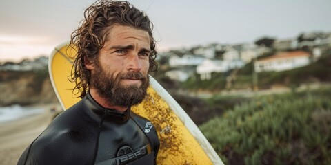Surfer preparing with his board at sunset on a scenic beach in early autumn