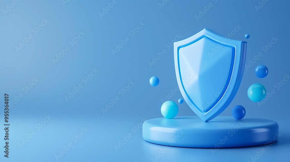 Poster 3d rendering of a blue shield with floating spheres in a minimalist design, symbolizing protection a