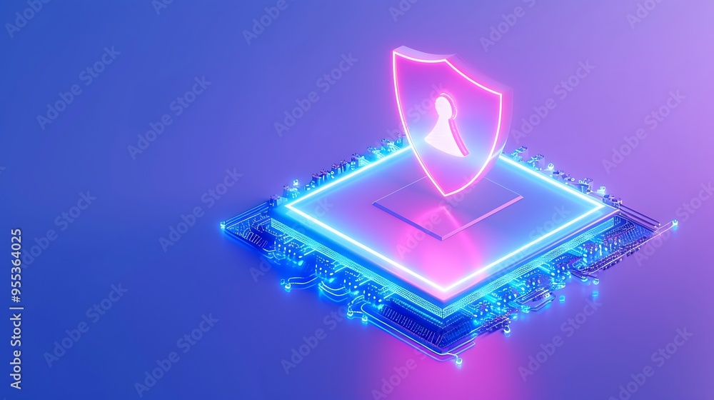 Poster 3d rendering of a cybersecurity shield icon over a glowing microchip, representing data protection a