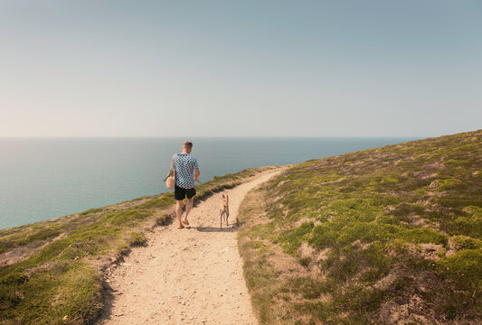Caucasian casual attire man walking Whippet dog along Cornish coast clifftop coastal path towards Bedruthan Steps, stunning sea views and green hills on a sunny day, overlooking the sea Cornwall, UK