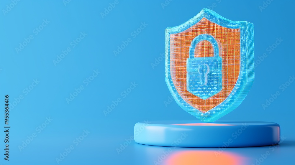 Poster 3d rendering of a glowing shield with a lock symbolizes online security and data protection on a blu