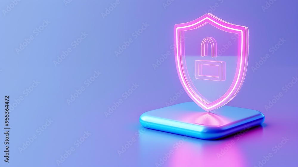 Aufkleber 3d rendering of a neon shield with a lock icon, representing cybersecurity and data protection over 
