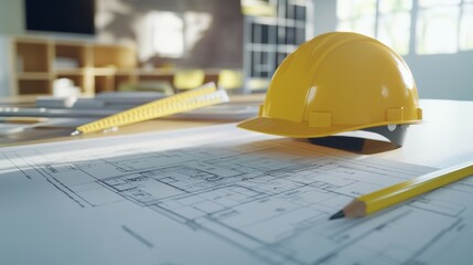 Blueprint floor plan architectural project on the table with yellow helmet and pencil 