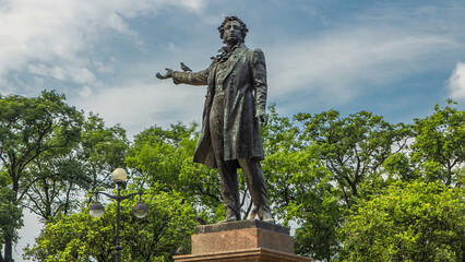 Monument to Alexander Pushkin timelapse hyperlapse on Ploshchad Iskusstv Arts Square in St.-Petersburg, Russia