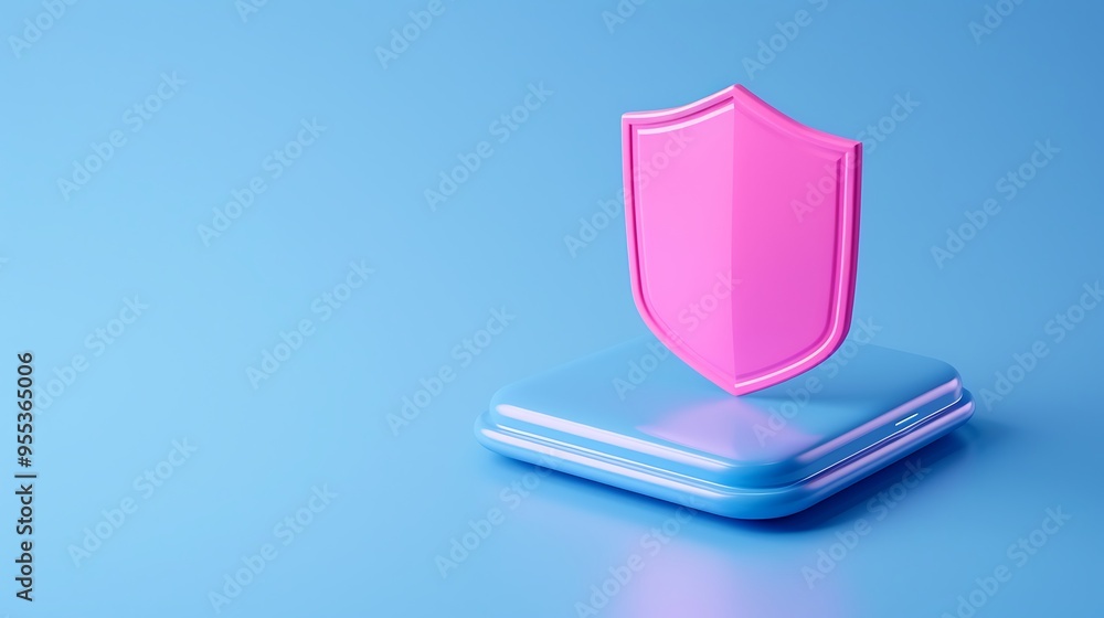 Poster 3d rendering of a pink shield symbol on a blue base smartphone on a blue background, representing se