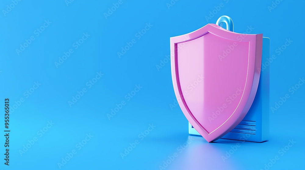 Aufkleber 3d rendering of a pink shield symbolizing data protection and cybersecurity on a blue background.