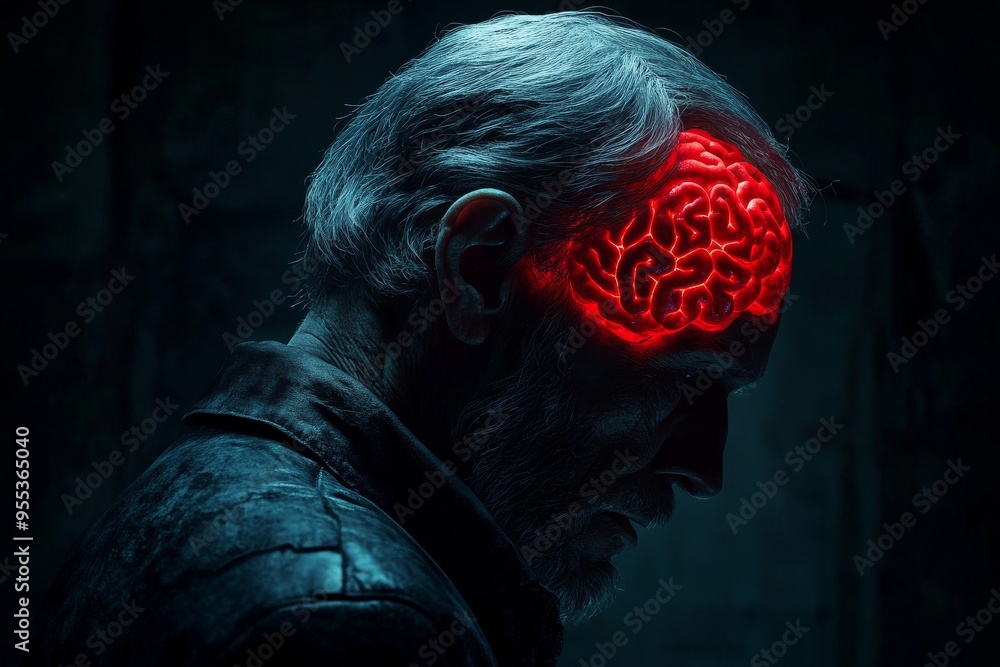 Poster brain asymmetry neuroplasticity elderly man with a glowing red brain in a dark setting representing 