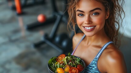 A fit woman in colorful gym attire, smiling while savoring a fresh salad, surrounded by gym equipment, bright morning light filtering through the windows, highlighting her healthy glow,