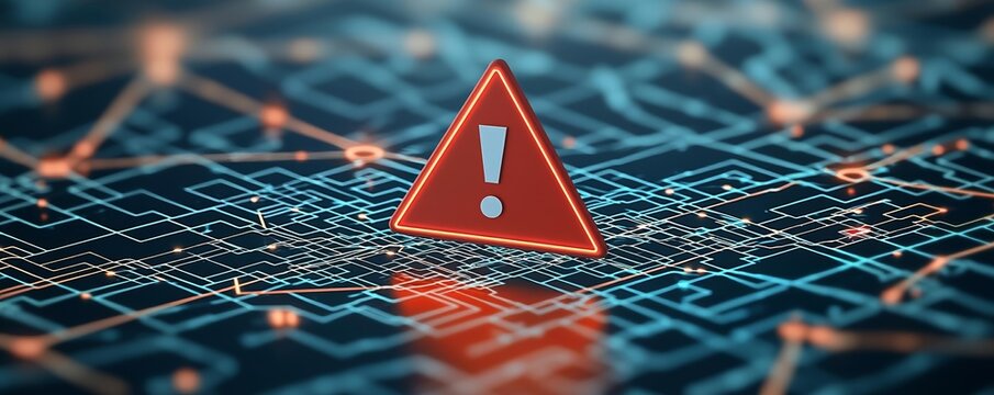 Abstract red alert sign, exclamation mark within a triangle, on a complex network background, indicating a cyber attack