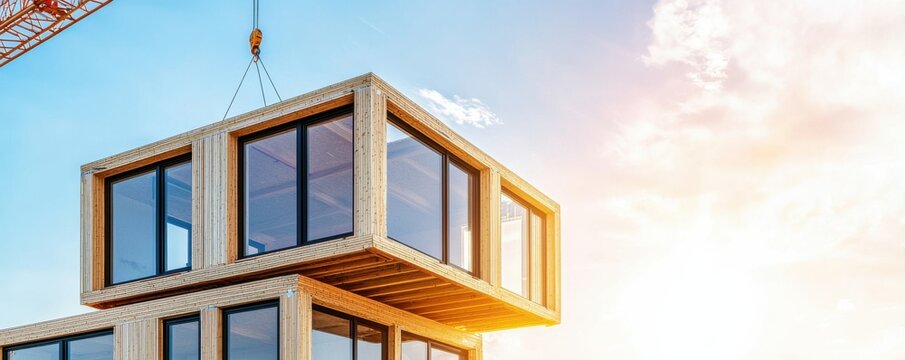 Modern construction site showcasing a modular building with large windows, illuminated by sunset, highlighting architectural innovation.