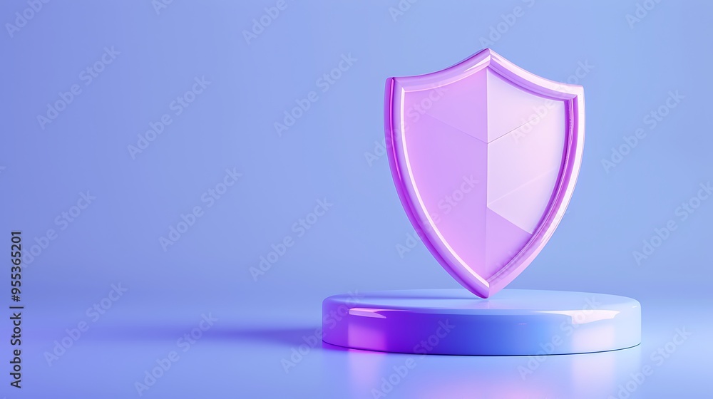 Poster 3d rendering of a purple shield on a round base, symbolizing security and protection in a minimalist