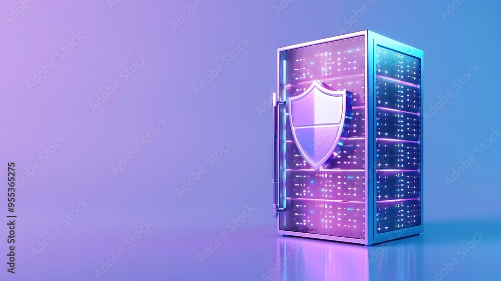 Aufkleber 3d rendering of a secure server with a glowing shield standing against a purple background, represen