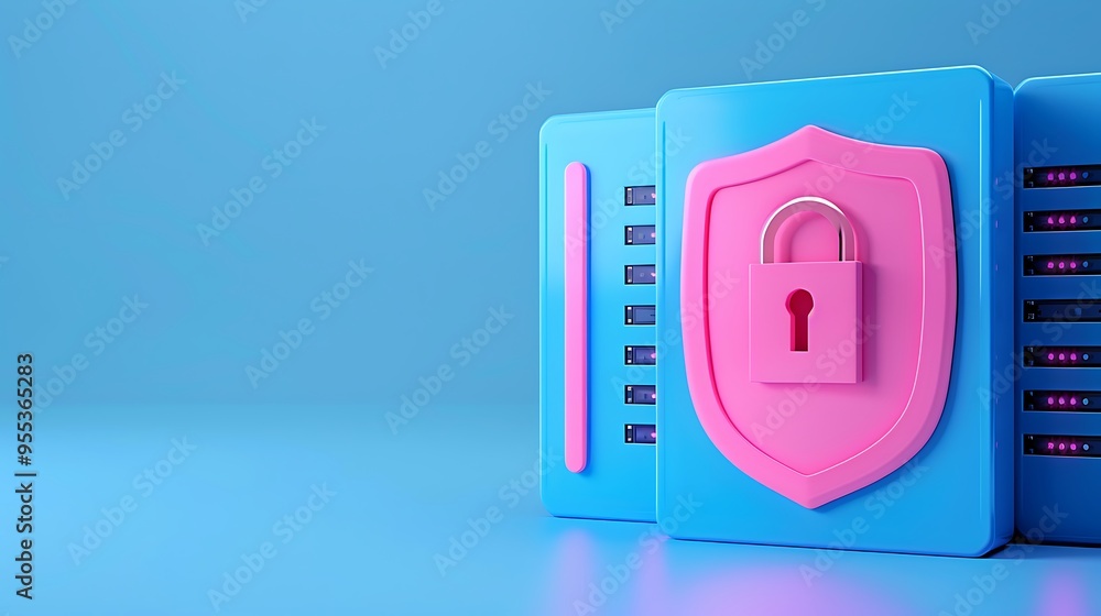 Poster 3d rendering of a secure server with a lock and shield concept on a blue and pink background emphasi
