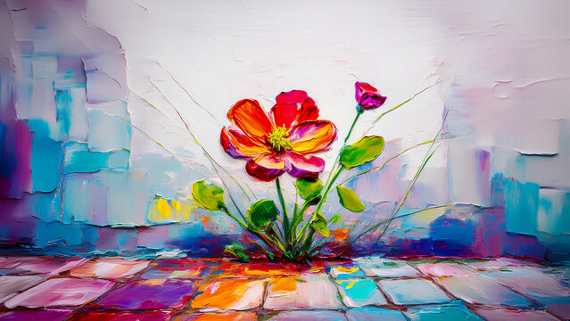 Flores creciendo en el asfalto colorida pintada con acr&iacute;licos y esp&aacute;tula