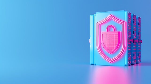 3D rendering of a secure server room with a glowing neon pink shield and padlock symbol on a blue background, representing data protection.
