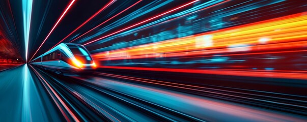 Dynamic cloud computing visual with a train speeding through a futuristic city, emphasizing data acceleration