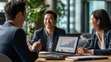 Smiling businesspeople working together on a laptop in an office 