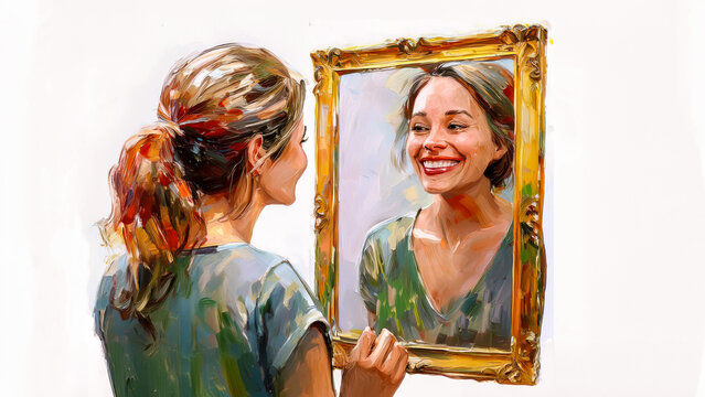 Mujer viendo su reflejo en el espejo, feliz, pintura acr&iacute;lica con esp&aacute;tula