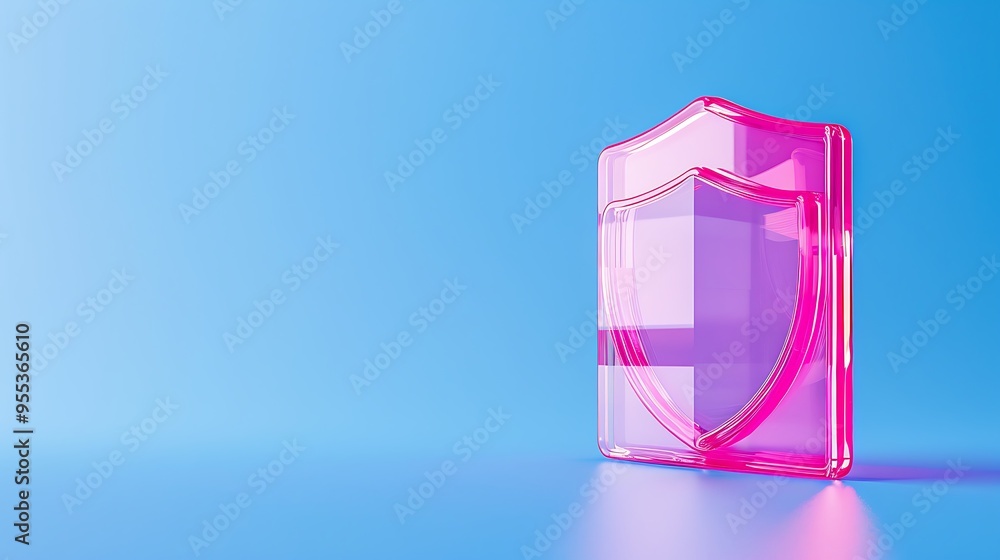 Poster 3d rendering of a translucent pink shield on a blue background symbolizing security, protection, and